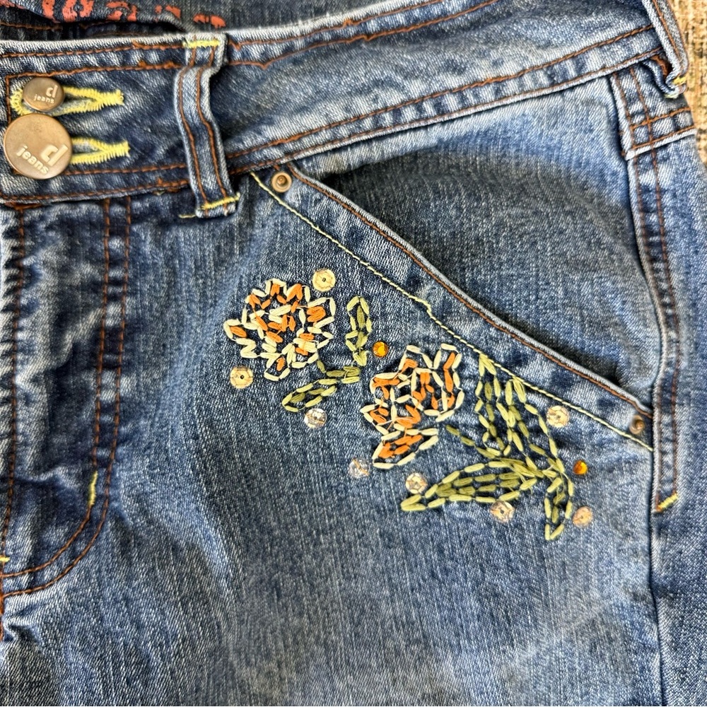 Vintage Y2K 90's Denim Embroidered Blue Bootcut Jeans Low Rise Floral - Picture 3 of 7